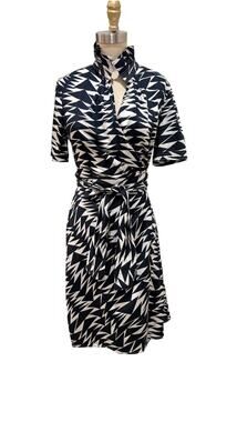 Max Mara Dress Womens 6 Black White Geometric Wrap Collared Cotton Italy